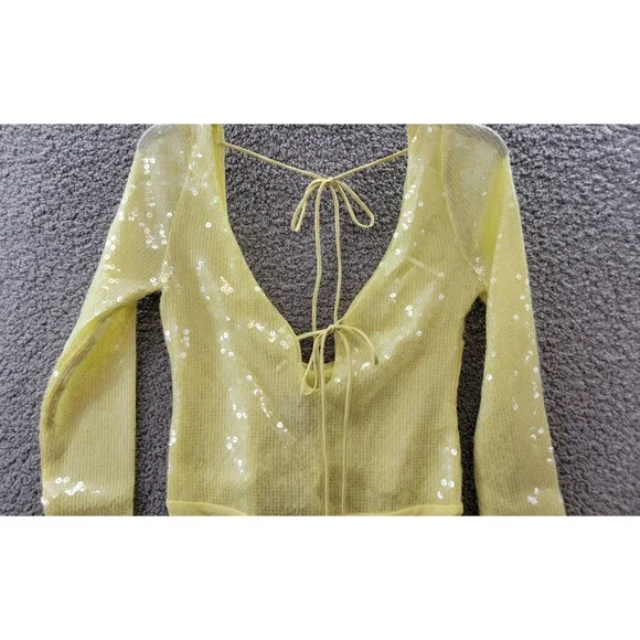 Bardot Verona Sequined Bodysuit Top Women's 6 Canary Yellow Long Sleeve Snap - Picture 3 of 15